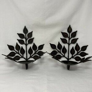 Black Wrought Iron Wall Hanging Leaves - Candle Holder (set of 2)